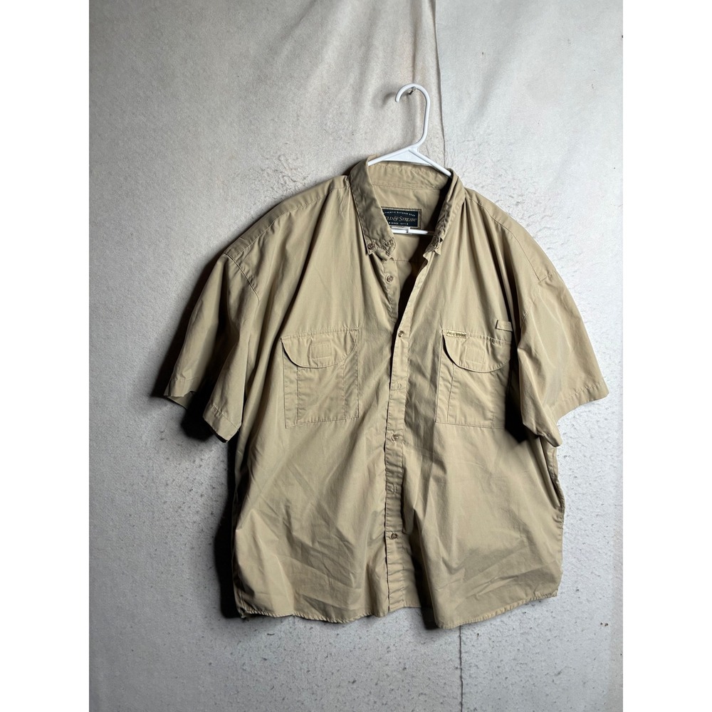 Field & Stream Mens Large Khaki Tan Short Sleeve Fishing Hiking Shirt Raw Hem